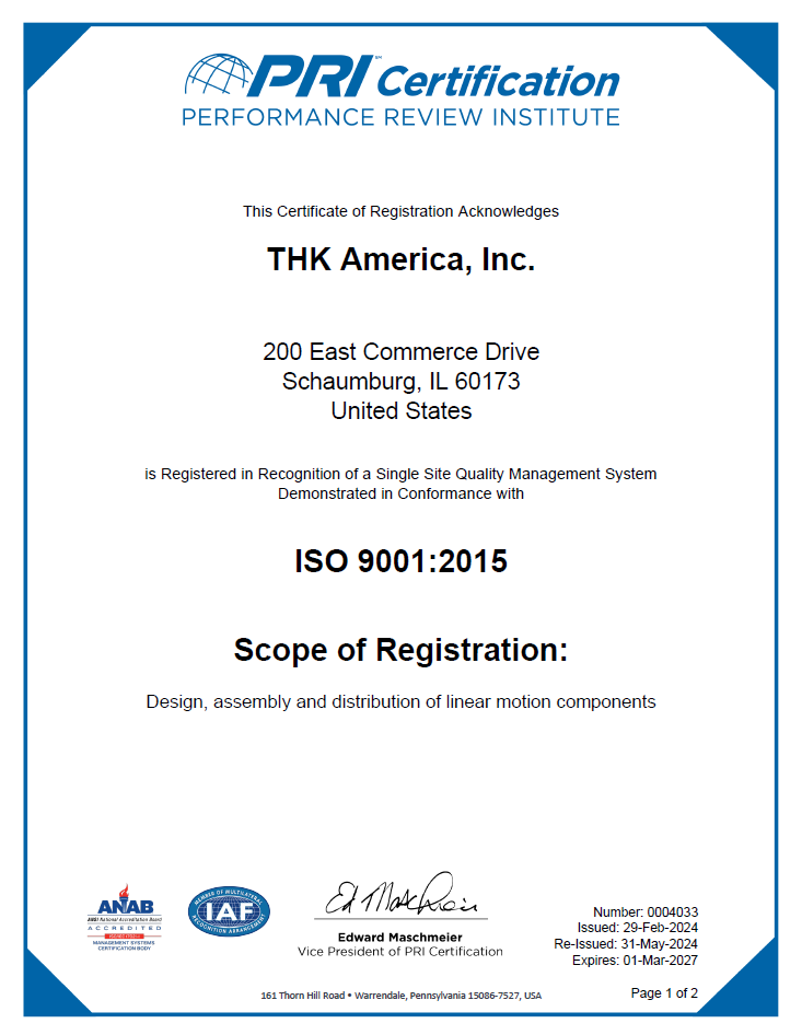 ISO 9001 Certificate THK America, Inc.